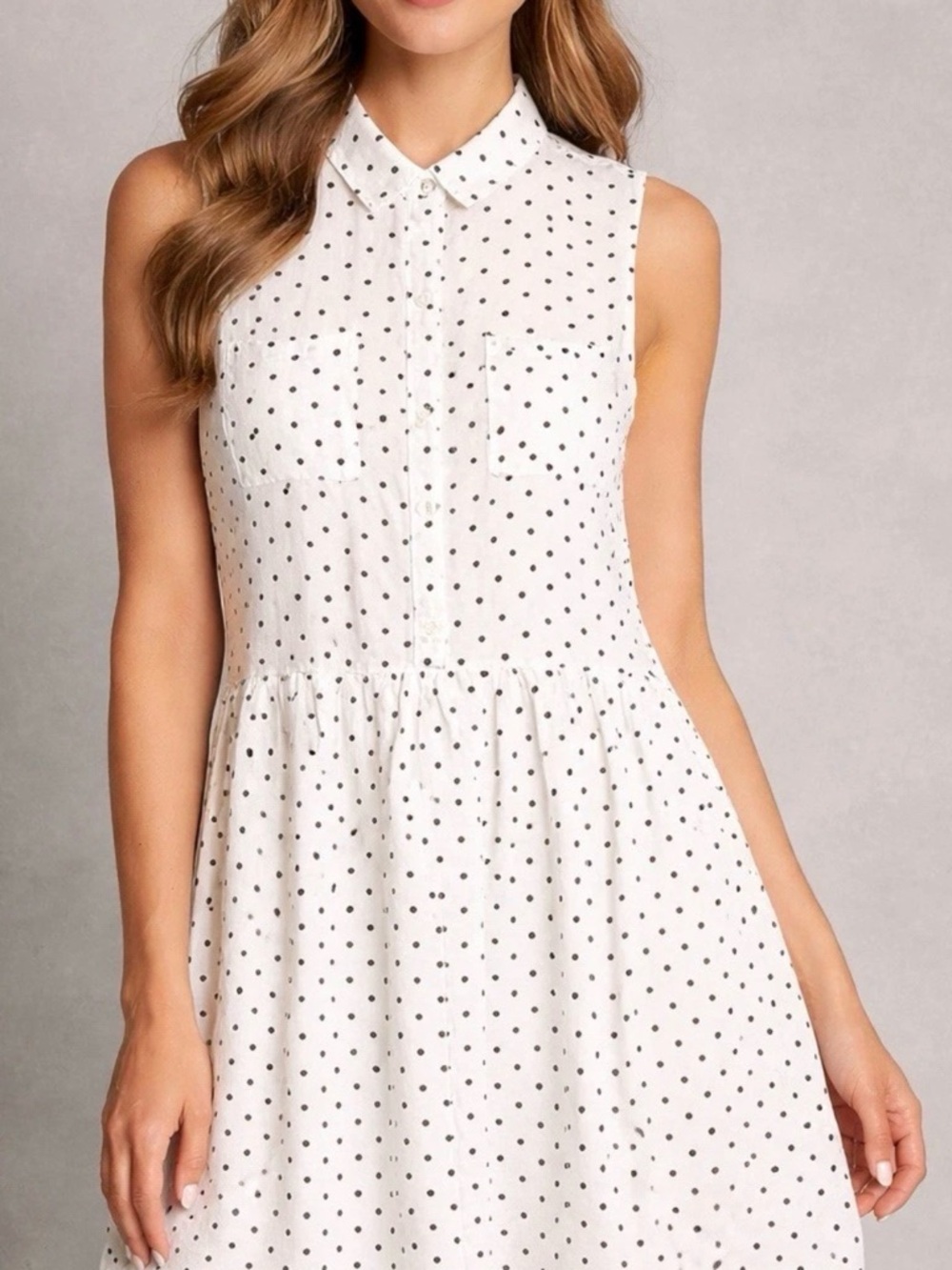 LOFT 12‎ White Black Polka Dot Linen Blend Sleeveless Shirt Dress Cottage Beach
